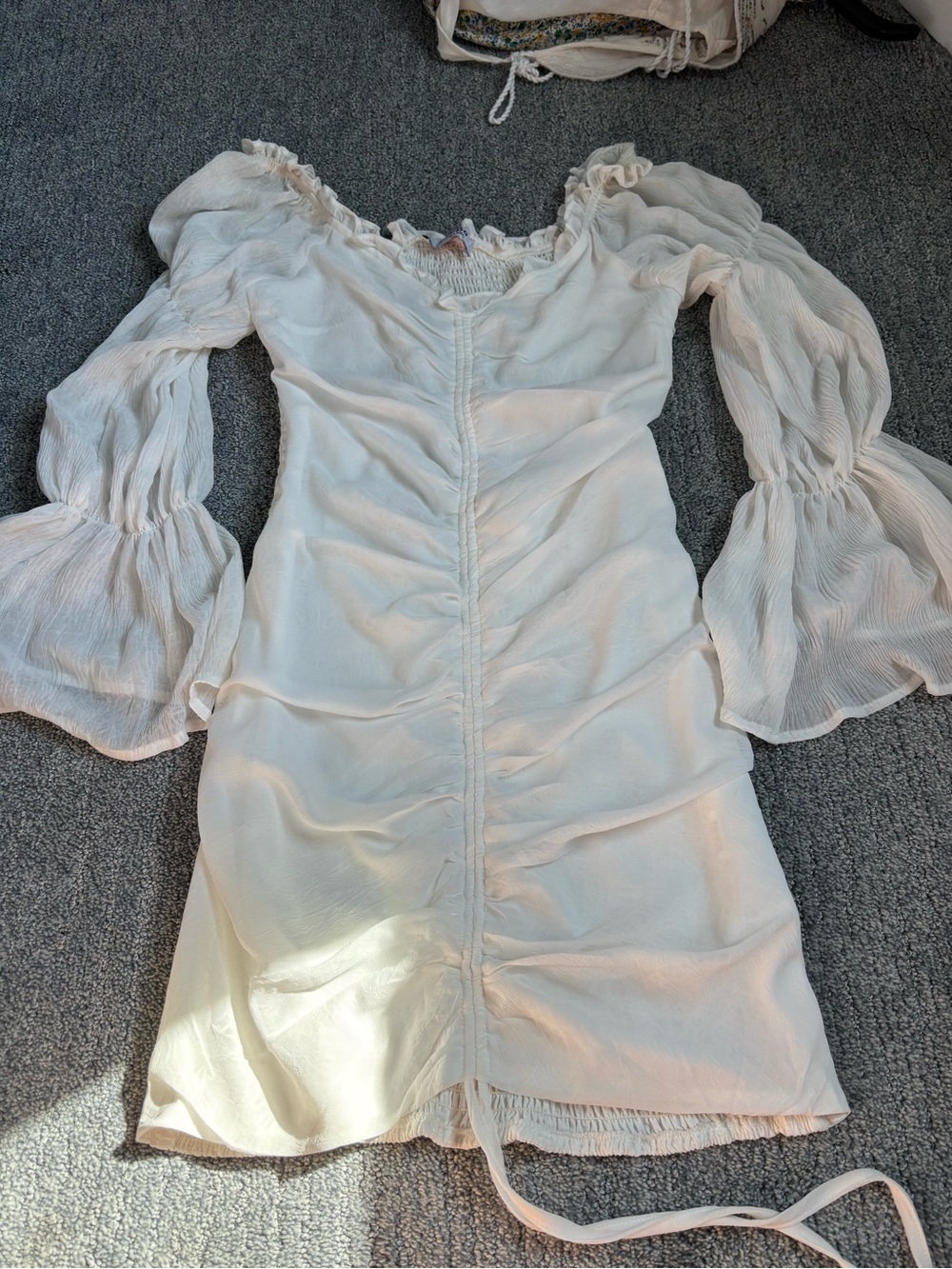 Ruched White V-Neck Long Sleeve Dress